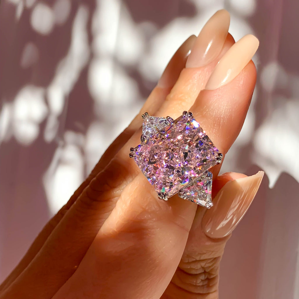 10 Carat Radiant Cut Ring, 925 Sterling Silver Pink Stone