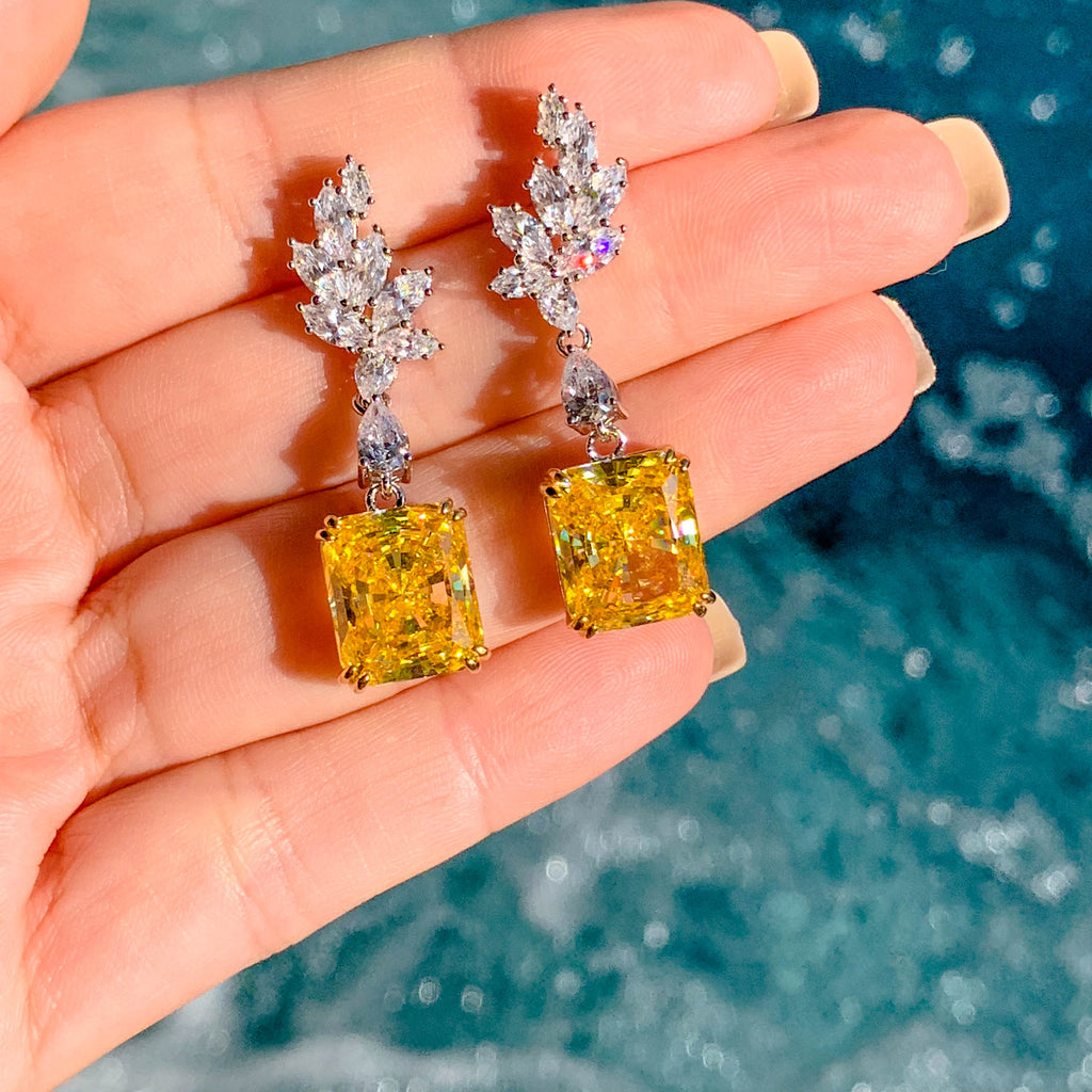 Luxury Radiant Cut Earrings, 925 Sterling Silver yellow stone diamond alternative